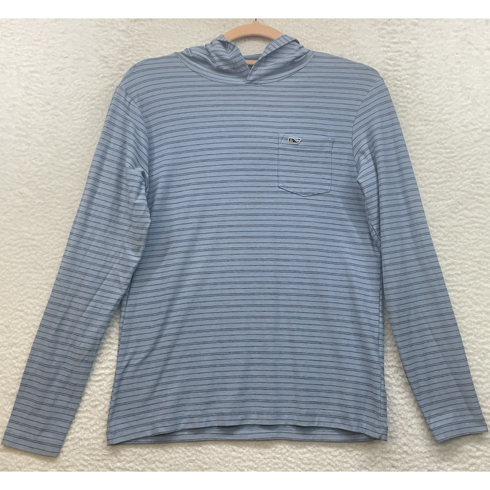 Vineyard Vines Shirt Womens Medium Blue Striped Edgartown Hooded Pocket Logo